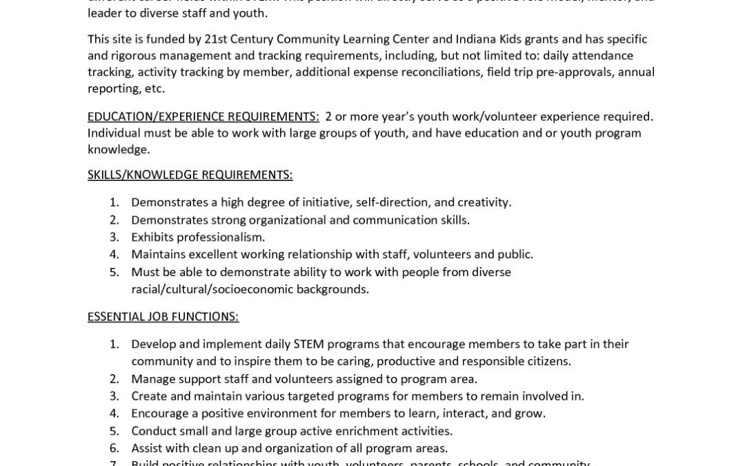 Stem Coordinator Job Description