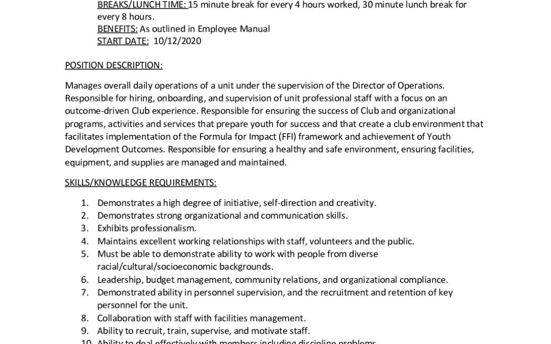 Unit Director Boys & Girls Clubs of Bloomington 2020 Job Description